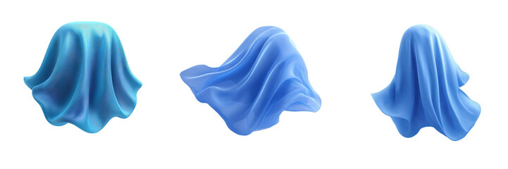 Three translucent blue fabrics floating isolated on png background, airy, ethereal, elegance, smooth, abstract