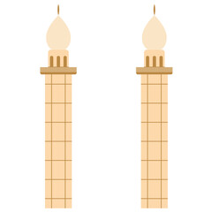 2D illustration of twin mosque towers with white rounded domes on top, symbolizing Islamic tradition and religious architecture.