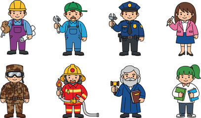 Cartoon profession characters, police, judge, firefighter, engineer, teacher, worker, student, vector illustration, career jobs, educational design, uniform people