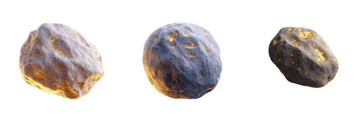 Three asteroid fragments with gold deposits isolated on png background