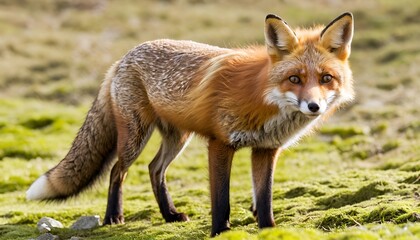 A red fox stands alert on a mossy patch, its orange fur contrasting with the soft background light.