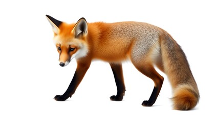 Obraz premium A red fox stands alert against a crisp white backdrop, showcasing its beautiful fur and features.