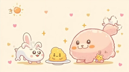 Cartoon Illustration Depicting an Adorable Bunny Dog and Food Character on a Soft Beige Background Filled with Stars and Hearts