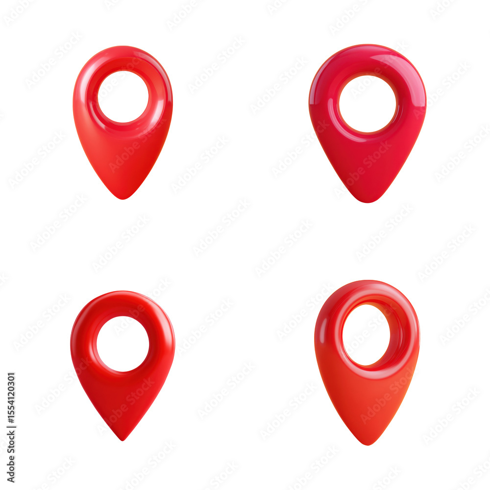 Fototapete red map pointer icons, location pin symbols, 3d rendering, navigation mark