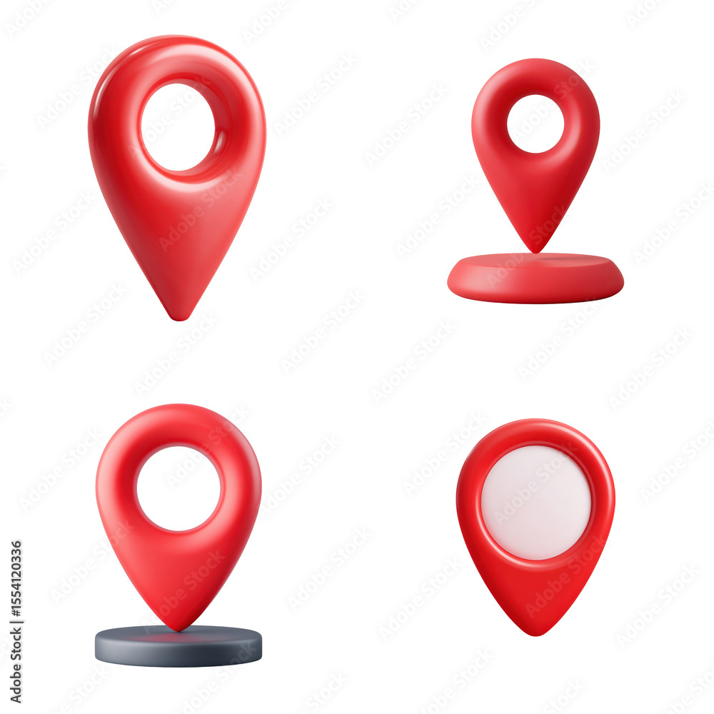 Poster red location pin marker set, 3d render of gps pointer icon for navigation and maps