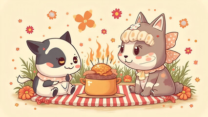 Adorable Cartoon Kittens Enjoying a Delicious Meal at a Festive Picnic with Autumnal Flowers and a Cozy Atmosphere
