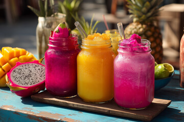 Refreshing tropical smoothies in mason jars, mango, dragon fruit, watermelon, outdoor summer vibe