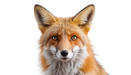 Fototapeta premium Close-up portrait of a red fox against a white backdrop, showing its intense gaze and fur details.