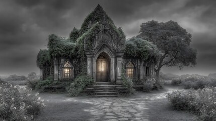 Enigmatic Overgrown Stone House in a Misty Landscape