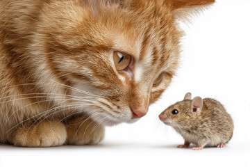 Obraz premium a curious cat is observing a small mouse in front of him, on a white background