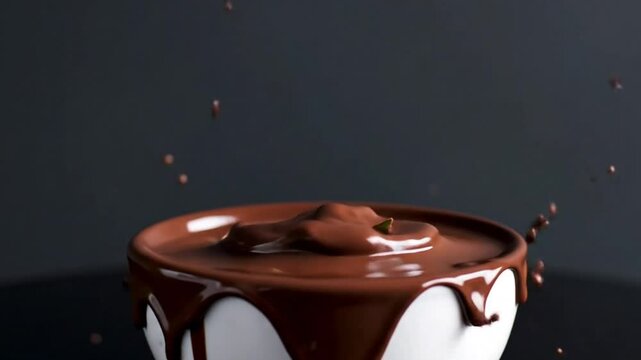 Fresh strawberry dropping into a bowl of melted chocolate, creating a delicious splash with creamy drips and glossy texture. Tempting and sophisticated image.
