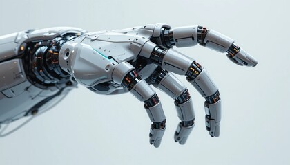 A detailed view showcases the intricate articulation of a futuristic, white robotic arm and hand.