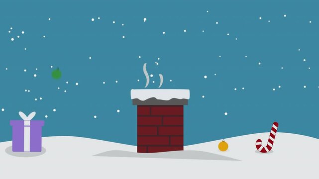 Smoking Chimney with falling Snow, Christmas Gifts and Balls