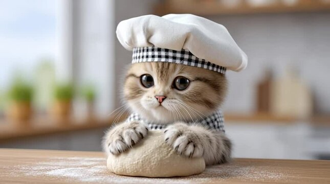 A cat wearing a chef hat is kneading dough in the kitchen
