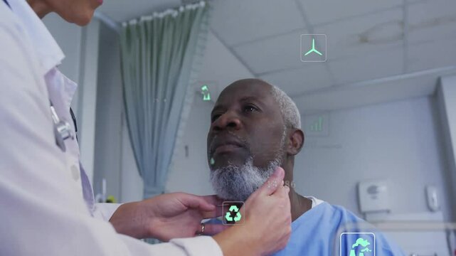 Doctor palpating patient neck and initiating animated medical metrics illustrating thyroid health