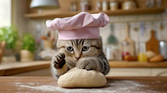 A cat wearing a chef hat is kneading dough in the kitchen