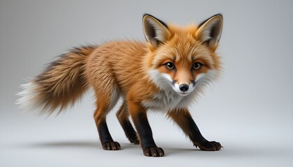 Fototapeta premium A poised red fox with bright eyes stands alert, set against a plain background in a detailed style.
