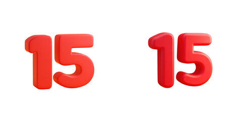 Two red number fifteen, 3D rendering, numerical value, bright, isolated on png