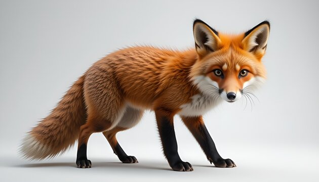 A vibrant red fox stands alert with its gaze fixed, against a plain background.