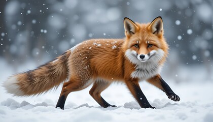 Obraz premium A red fox walks gracefully through a snowy winter landscape, its fur dusted with snowflakes