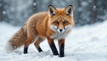 Fototapeta premium A majestic red fox standing alert in a snowy landscape, its eyes fixed forward intensely.