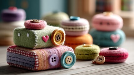 Colorful fabric pincushions with buttons and heart decorations arranged on a wooden surface, showcasing sewing accessories.