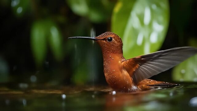 Hummingbird Bathes in Water, Wings Spread, Surrounded by Green Foliage and Rain