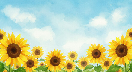 Obraz premium Sunflowers field and sky illustration