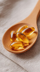 Organic cbd cannabis oil capsules on wooden spoon with natural fabric background for health and wellness supplement concept