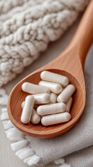 Organic cbd cannabis oil capsules in wooden spoon on soft fabric background for natural health supplement and wellness care