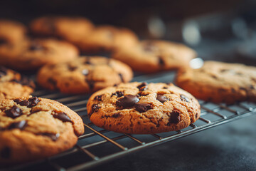 chocolate chip cookies fresh out of the oven on a cooling rack