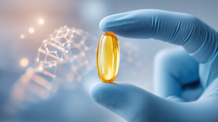 Organic cbd cannabis oil capsule held by gloved hand with dna molecule structure in background showing health and science concept