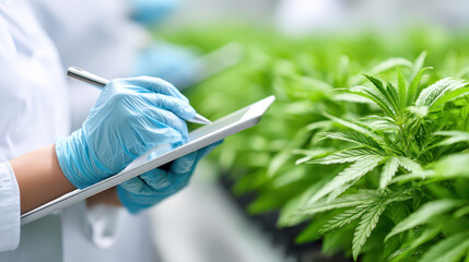 Organic cannabis oil production involves careful monitoring of green cannabis plants in laboratory setting where person wearing blue gloves uses tablet to record data ensuring quality and safety