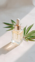 Clear glass dropper bottle with organic cbd cannabis oil is placed on white surface with green cannabis leaves, creating natural and calming atmosphere with soft light