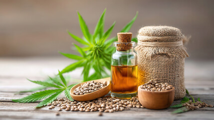 Organic cannabis oil in glass bottle with hemp seeds in wooden bowls and burlap sack on rustic wooden table with green cannabis leaves creating natural and calming atmosphere
