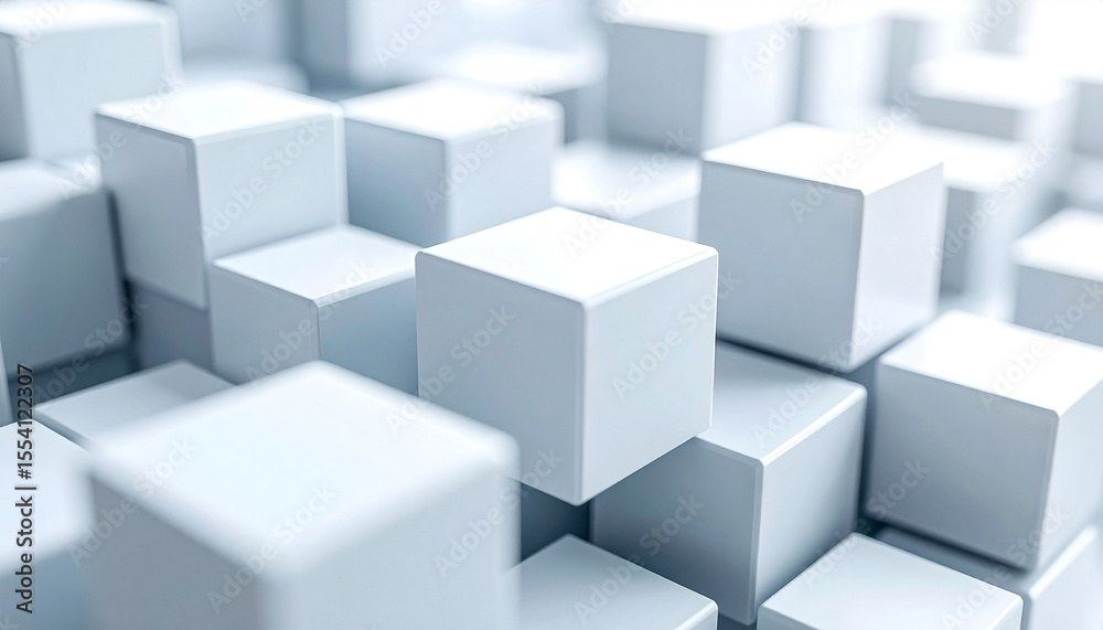 Poster abstract composition of numerous light-grey cubes, subtly varying in size and depth of field, creati