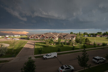 Rural street view under stormy sky
