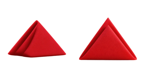 Two folded red triangle napkins on png background, textile table setting