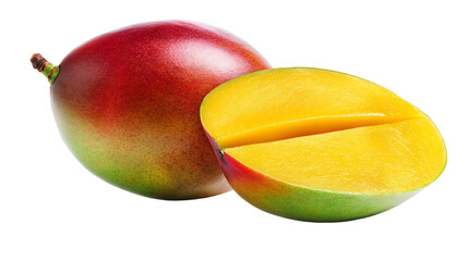a mango cut in half and a mango in the middle