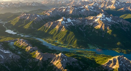 Golden Hour Majesty: Majestic Alpine Peaks Embrace Serene Lakes