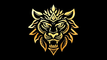 Golden Lion Head Tribal Style Drawing With Crown On Top And Detailed Hair Isolated On A Black Background Suitable For Tattoo Or Logo
