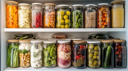 Assortment of vibrant preserved vegetables displayed in glass jars on shelves. Showcasing homemade canning and food preservation for seasonal abundance.