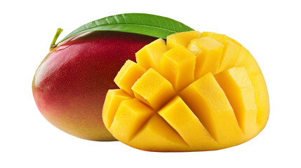 a mango and a cut mango with leaves