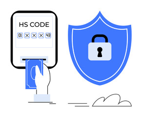 Hand using bank card to input a security code, shield with lock symbolizing safety. Ideal for cybersecurity, data protection, online transactions, secure payments, digital banking, fraud prevention
