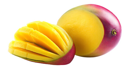 a mango cut in half and a mango wedged in half