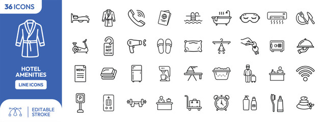 Collection of line icons depicting hotel amenities such as bathrobe, bed, phone, pool, and other services.