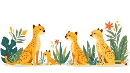 Illustration Of Family Of Cheetahs Sitting Among Lush Greenery And Colorful Flowers Against A Clean White Background