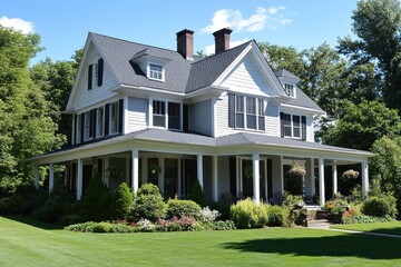 Fototapeta premium Elegant two-story home with wrap-around porch, manicured lawn, and green trees. Perfect for illustrating real estate, family life, or suburban dreams.