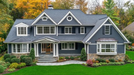 Elegant blue house with green lawn and colorful autumn trees in background. Ideal for real estate, architecture, or showcasing family homes in autumn.