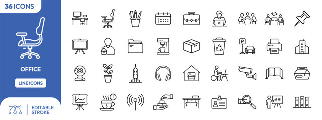 Collection of simple line art icons depicting various office elements and activities.